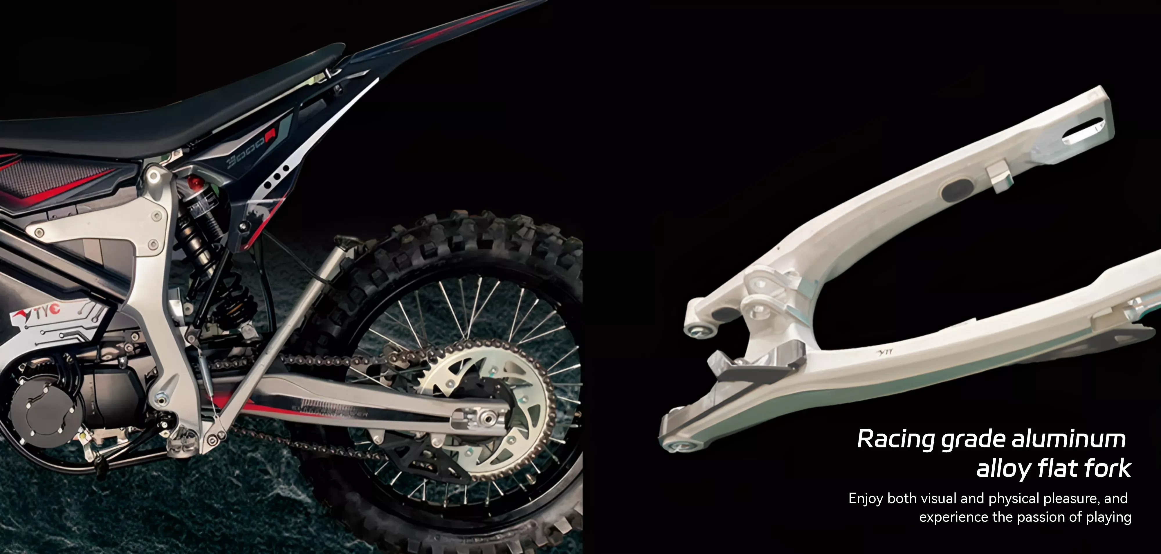 Rennva TE electric motorcycle aluminium rear swingarm, chain drive and suspension detail