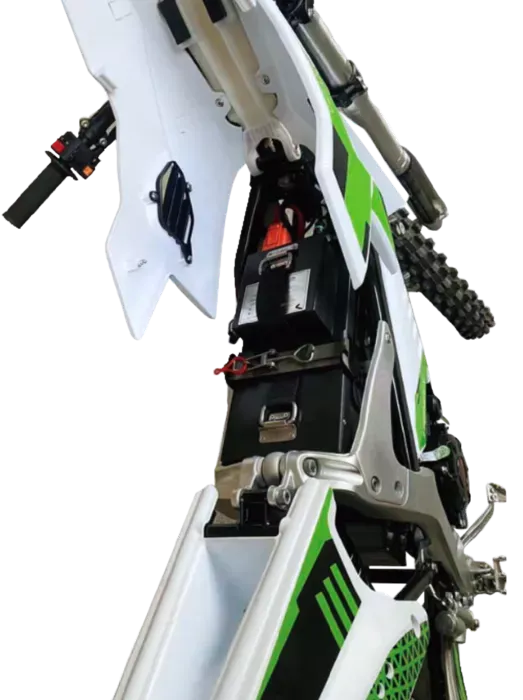 Rennva TE electric motorcycle quick-change battery compartment with bodywork open