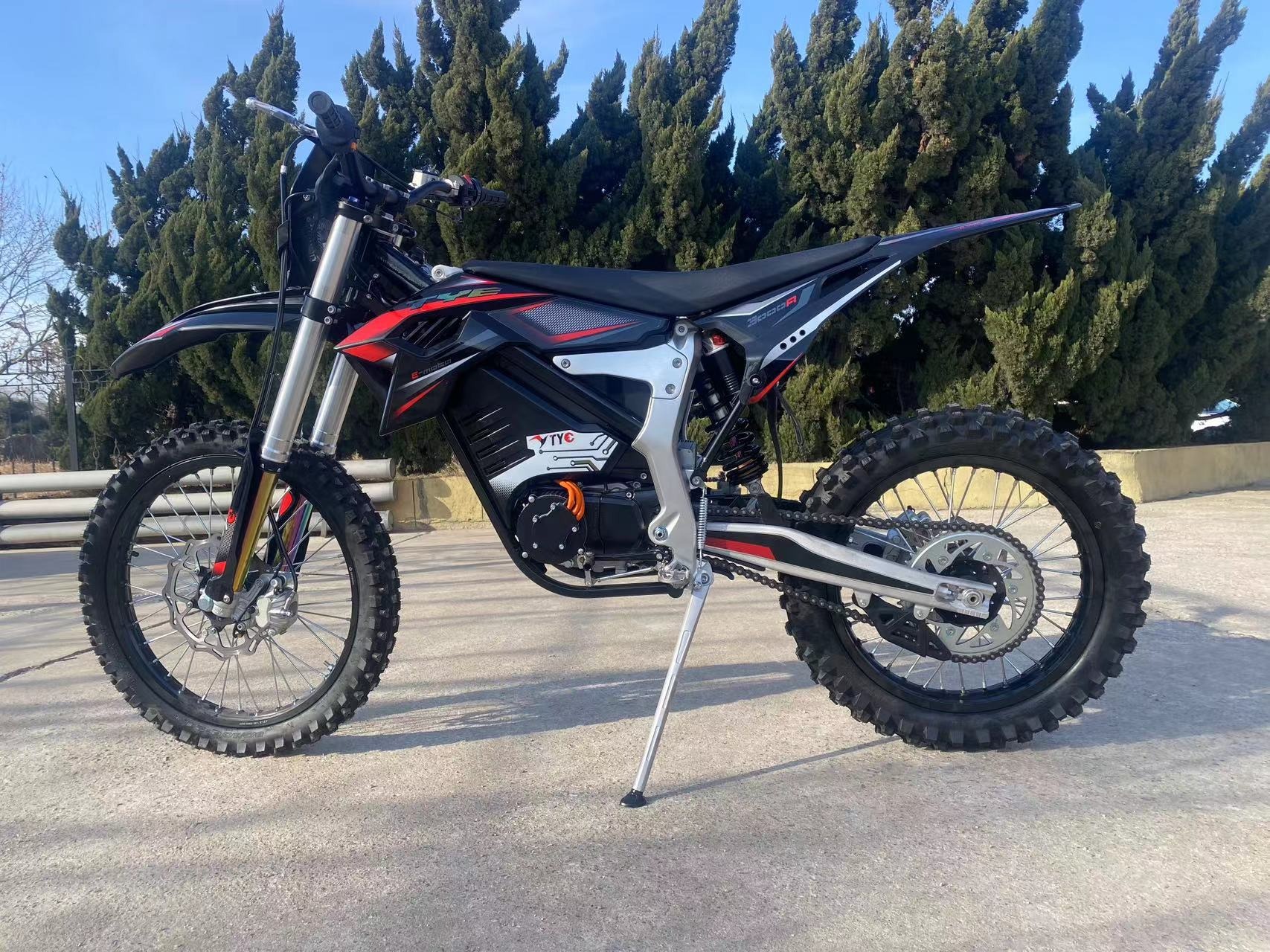 Black and red TE3 electric off-road motorcycle